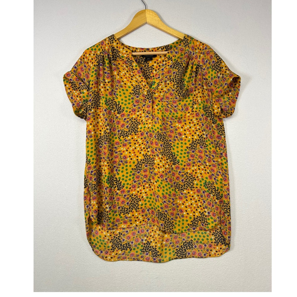 Boho Cottagecore Rachel Zoe Women M‎ Yellow Floral V-Neck High-Low Blouse Top